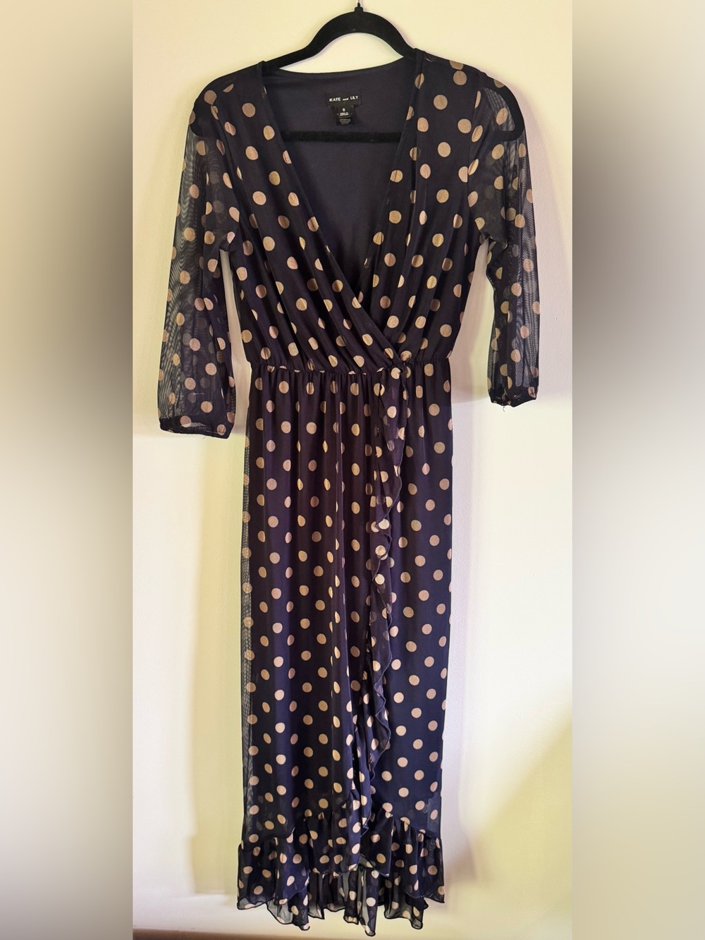 Kate & Lily Polka Dot Black Wrap Maxi Dress with Beige Dots